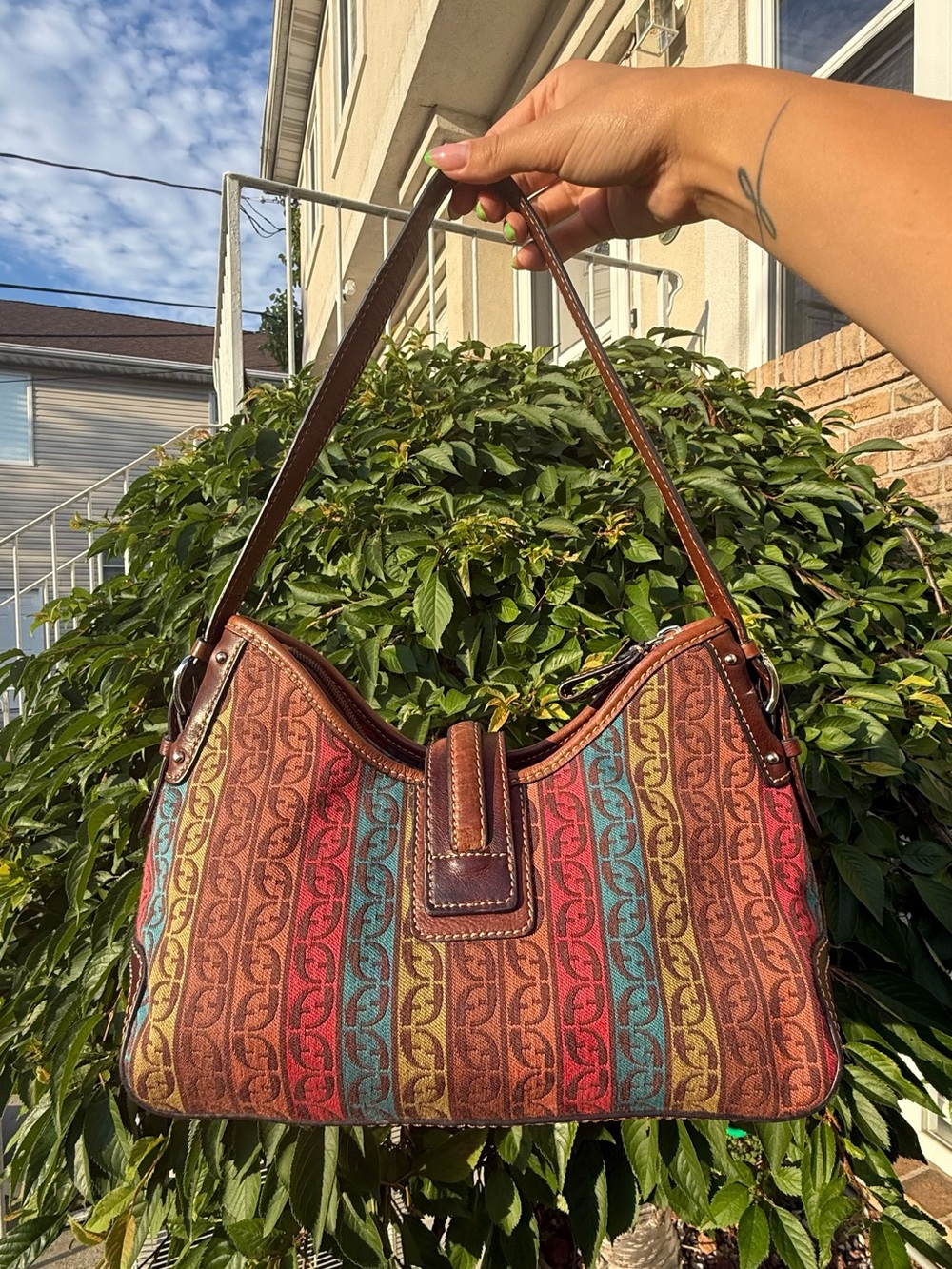 Vintage Y2K Fossil Multicolor Stripe Shoulder Leather Canvas Boho Baguette Purse - Picture 5 of 8